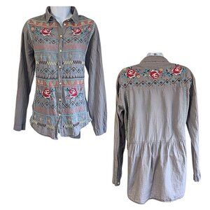 JOHNNY WAS 3J Workshop Prairie Rose Embroidered Button Down Bandit Blouse Sz XS